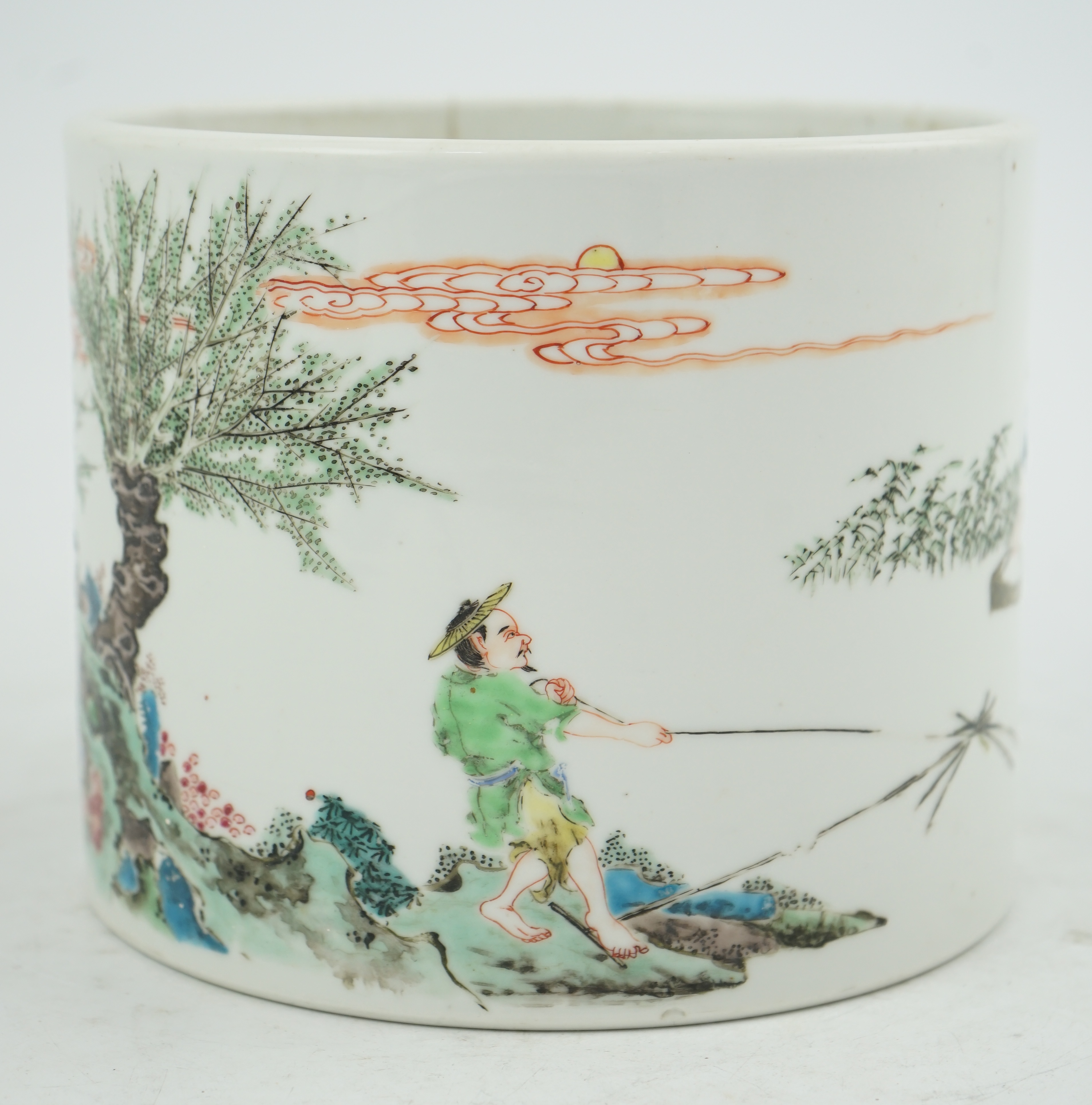 An unusual Chinese famille rose ‘fishermen’ brushpot, bitong, Yongzheng period (1723-35)